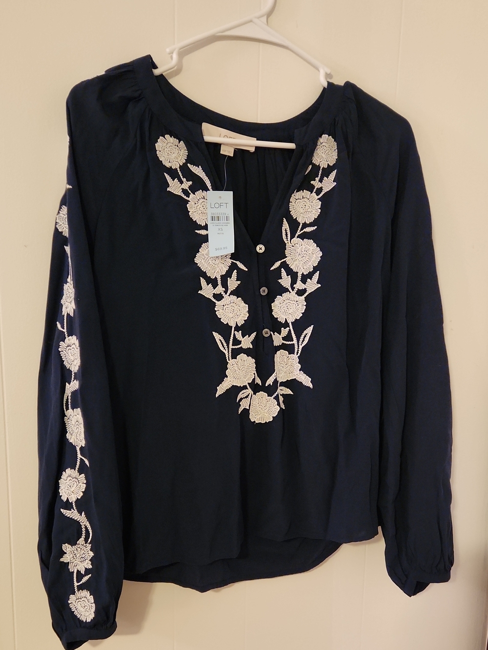 NWT LOFT Navy Peasant Blouse with White Floral Embroidery
